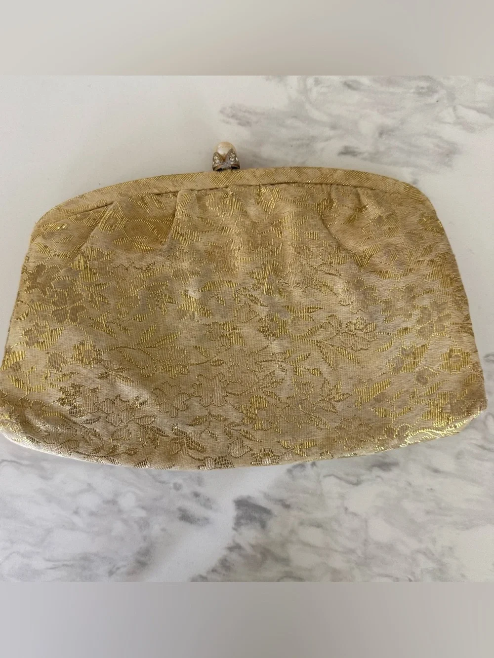 Gold Jacquard Pearl-Clasp Evening Clutch